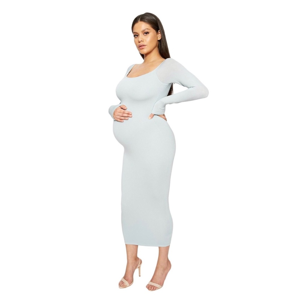 Long Sleeve Midi Length Dress Stretchy Light Blue